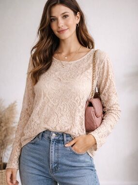 Chic Lace Blouse - Beige with Gold Accent in Lace